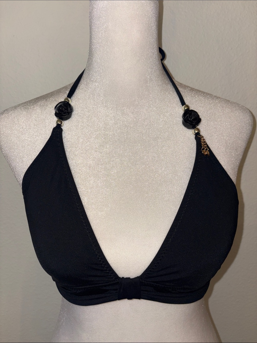 Betsey Johnson vintage Y2K Black Halter Bikini Top with Rose Accents